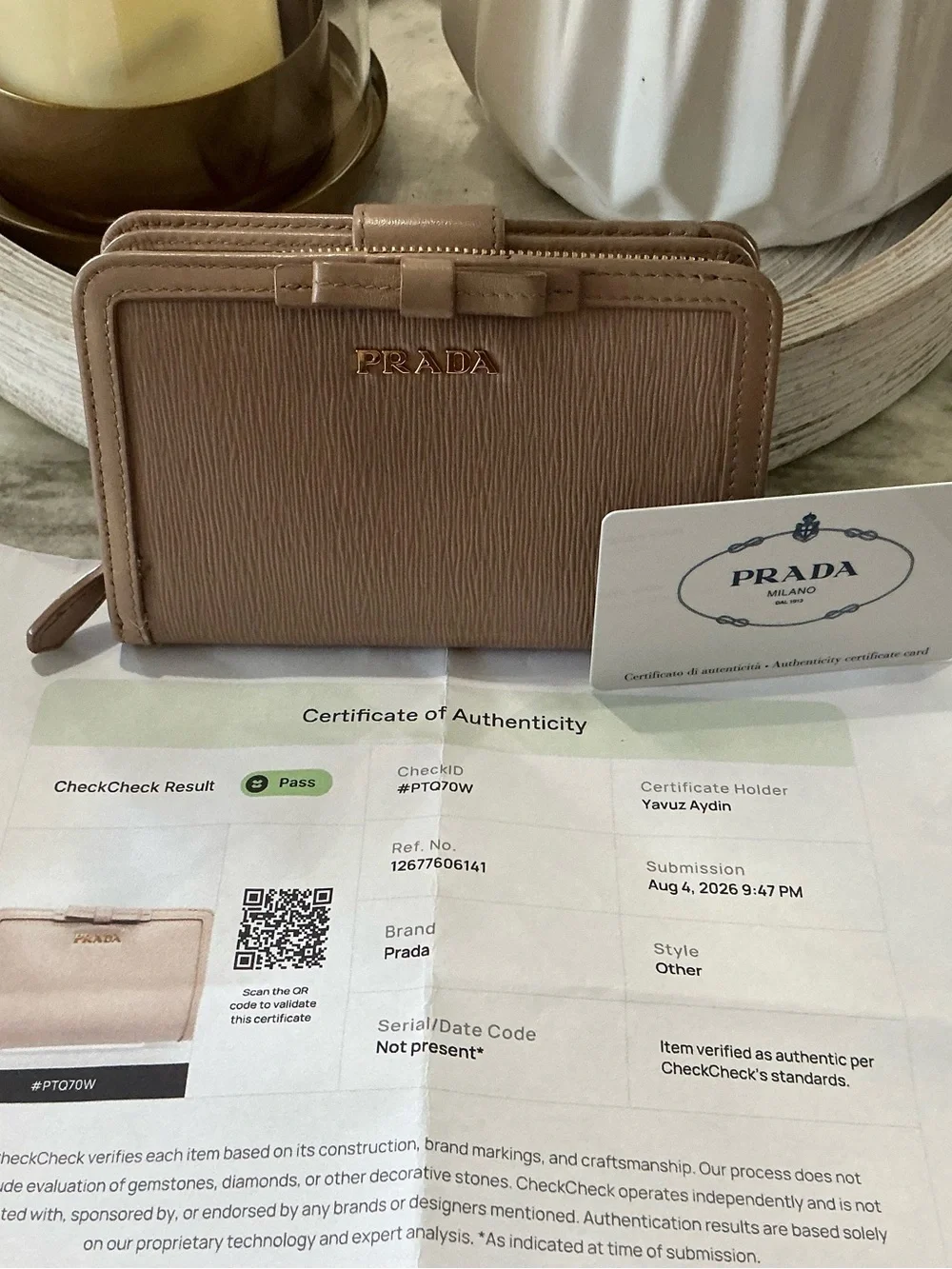 Prada Nude Saffiano Leather Zip-Around Wallet with Bow